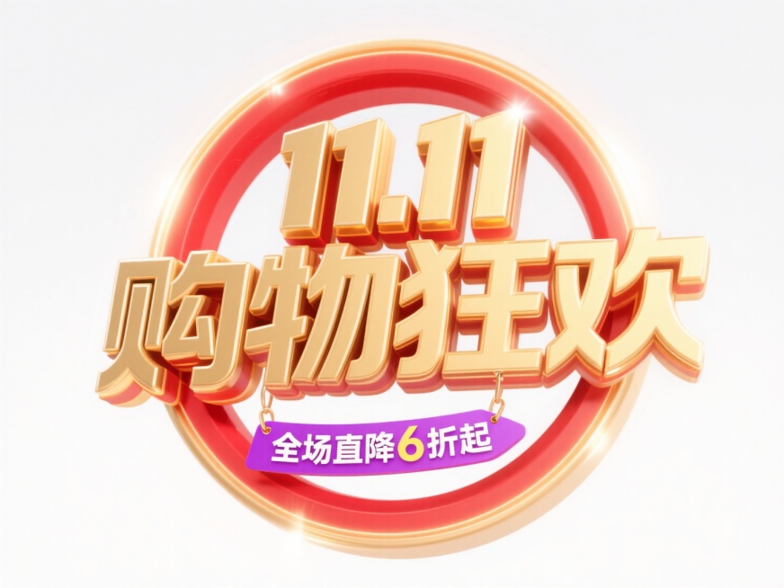 金色 “11.11 购物狂欢” 立体艺术字，搭配红色环形光效装饰，下方有 “全场直降6折起” 紫色标签。背景为白色，整体风格大气炫酷，突出双十一促销的热烈与冲击力。预览效果