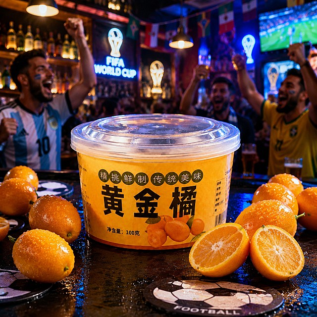 黄金橘塑料密封罐，严格参照上传产品图，完整保留所有可见组件、部件、轮廓形状、结构、比例、材质质感、颜色与产品文字信息（"黄金橘"、"精挑鲜制 传统美味"、"净含量：100克"）不变，周围已经替换好椭圆形金橘，保留金橘水珠细节。世界杯球迷酒吧场景，产品放置在黑色吧台上，周围有足球形状杯垫和球迷喝彩氛围，背景酒柜点缀世界杯主题挂旗，霓虹灯光氛围感拉满。主光来自吧台顶暖黄聚光，产品受光面泛起黑色反光，暗部映射霓虹蓝色光晕，与环境物理融合。产品特写居中，微侧30度视角。4K分辨率，严格锁定宽高比为 1:1。