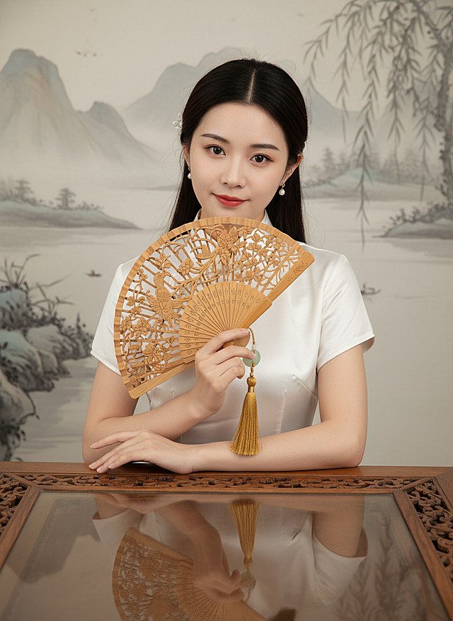 手持精致古典团扇的东方佳人，身着素雅旗袍勾勒窈窕身姿，拿着扇子，另一只手轻搭于雕花梨木桌沿，前景古朴桌面映出朦胧身影，近景构图，雅致国风意境，细腻高清画质，淡墨色晕染的背景。