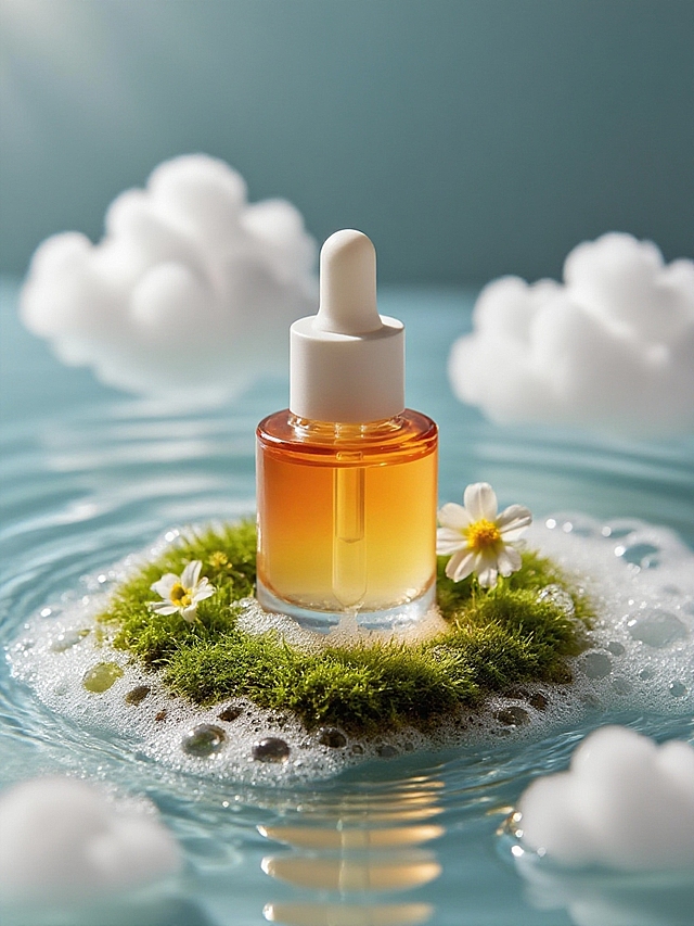 把主体放在一个微观生态小岛上，周围是绵密泡沫、水波纹、花，云朵，泡沫肌理明显。静物摄影，柔和的自然光线。