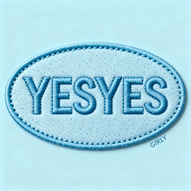 一个以纯色背景为基底的徽章形状设计，主体为“YESYES”文字，采用立体缝线工艺呈现，字母边缘带有细腻的缝合纹理与轻微阴影，整体色调为清新的天蓝色，徽章外轮廓为光滑的圆形或盾形，表面具有类似织物或皮革的细微颗粒质感，配以同色系的细密走线勾勒轮廓，右下角可添加极小的“GIRLY”字样作为点缀，整体风格简洁现代、充满青春活力，视觉上强调材质细节与色彩统一性。预览效果
