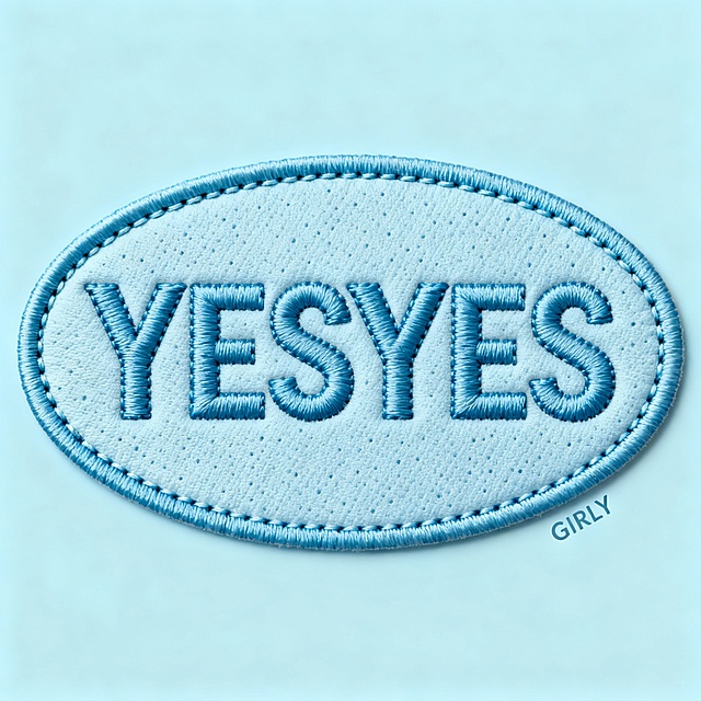 一个以纯色背景为基底的徽章形状设计，主体为“YESYES”文字，采用立体缝线工艺呈现，字母边缘带有细腻的缝合纹理与轻微阴影，整体色调为清新的天蓝色，徽章外轮廓为光滑的圆形或盾形，表面具有类似织物或皮革的细微颗粒质感，配以同色系的细密走线勾勒轮廓，右下角可添加极小的“GIRLY”字样作为点缀，整体风格简洁现代、充满青春活力，视觉上强调材质细节与色彩统一性。