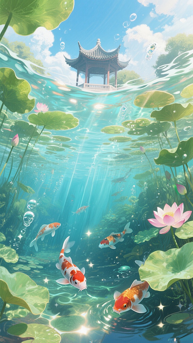 从池塘的水底仰视上方的荷叶荷花的水下世界视角，水底占画面三分之二之多，游过几条锦鲤。水上能看到亭子。阳光照射水面形成星星点点的亮光。夏日的蓝天白云。大透视，生动，动态感，斑驳的光影，特写