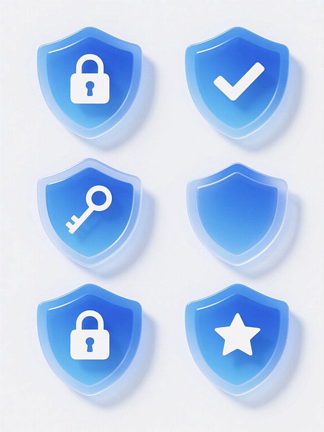 一组6个同风格不同元素的保护类目图标，保持蓝色渐变玻璃质感盾牌外形，每个盾牌中心分别包含锁、盾牌、盾牌+对勾、盾牌+钥匙、盾牌+锁、盾牌+五角星的白色剪影图案，半透明光泽效果，轻微阴影，规整网格排布，纯白色纯色背景，无文字无logo