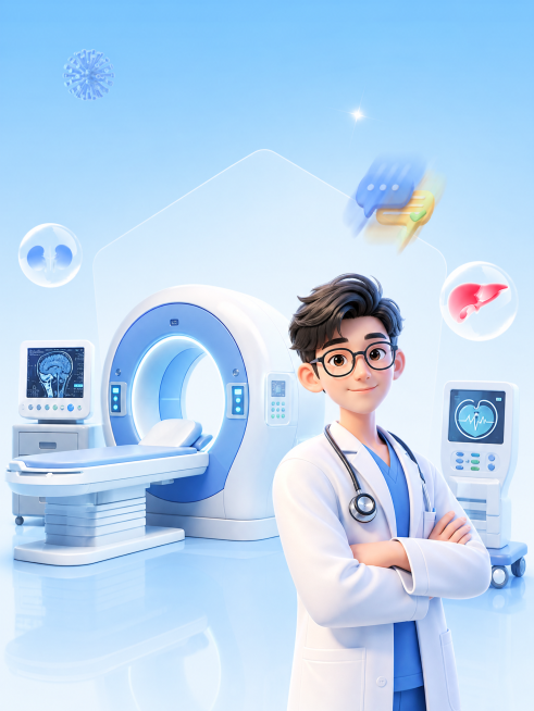 参考参考图的3D卡通医疗健康宣传风格，仅保留医生和医疗设备主视觉，去掉优惠券和文案按钮区域，更换医生形象和设备摆放位置，保持浅蓝色清爽医疗背景预览效果