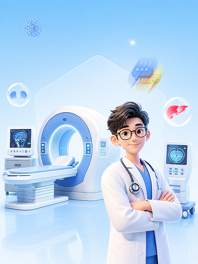 参考参考图的3D卡通医疗健康宣传风格，仅保留医生和医疗设备主视觉，去掉优惠券和文案按钮区域，更换医生形象和设备摆放位置，保持浅蓝色清爽医疗背景