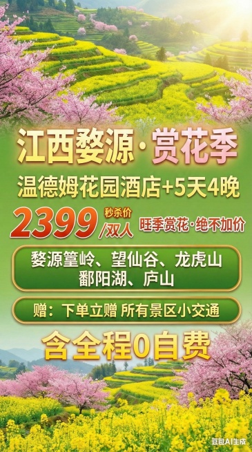 精准修改海报中的文字，将“翻阳湖、户山”替换为“鄱阳湖、庐山”，确保文字准确无误预览效果