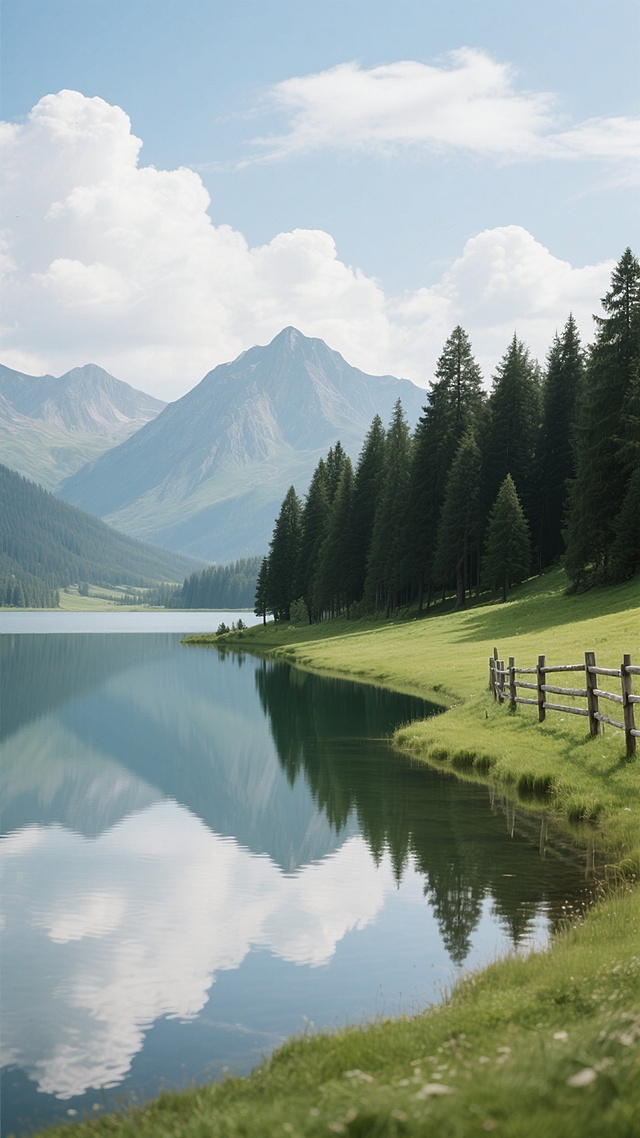 明亮柔和的自然光线下，宁静清澈的高原湖泊倒映着远处连绵的青灰色山脉与部分云朵，湖岸线一侧是茂密的墨绿色松树林，另一侧是开阔的嫩绿色草地，草地边缘矗立着一道木质栅栏，天空中点缀着几朵蓬松的白云，整体呈现出写实风格的自然风光，色彩清新和谐，光影层次分明，营造出悠远静谧的氛围。