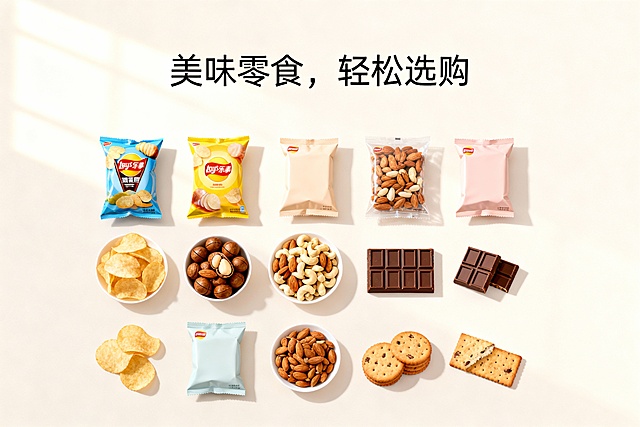 简约清新款：浅色系背景+整齐排列零食，简洁文字营造舒适感，适配中高端超市家庭客群