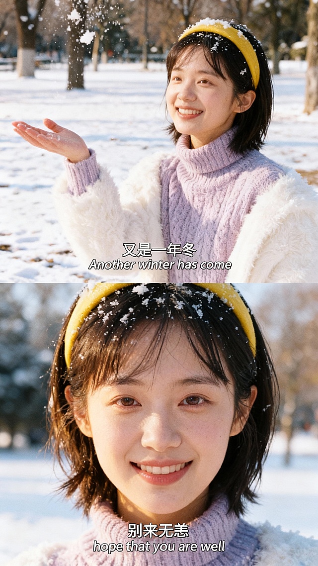 生成两张拼接在一起的格式的冬日落雪公园电影感叙事写真，地面铺雪，暖黄光影，面部暖色侧光光影，每张图固定比例占比一半。整体场景为冬日落雪公园，整体色调清新治愈，营造冬日雪地的浪漫氛围，采用柯达胶片效果。画面中有人物和参考图一致，图中人物身着浅紫色高领粗针毛衣，搭配白色毛绒质感的服饰，头戴黄色发箍。上方第一张发丝间点缀着细小雪花，伸手去接雪花，添加中英字幕”又是一年冬 Another winter has come”；下方第二张是面部特写，人物正面对着镜头，眼神朦胧迷人，清晰展现人物面部与发箍、毛衣细节，头发覆雪，眼神富有故事感，添加中英字幕“别来无恙 hope that you are well”。两张图合成一个拼图。