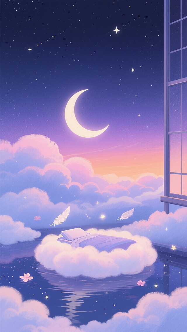 梦幻插画风格的睡眠背景，深邃的夜空点缀着闪烁的星星，柔和的弯月悬挂在粉紫色渐变的天际，下方是蓬松如棉花糖般的云层，整体色调以蓝紫色和粉橙色为主，光影柔和，营造出宁静、安详、治愈的睡眠氛围，画面构图采用垂直布局，月亮和云层形成视觉焦点，适合作为睡眠主题的背景装饰，不同场景可替换为卧室窗台视角、漂浮的云朵床、星空下的湖面倒影等，角度可尝试俯瞰云海、仰望星空或侧视弯月，装饰元素可添加轻柔的羽毛、漂浮的花瓣或发光的星尘，保持整体的梦幻感和静谧感。
