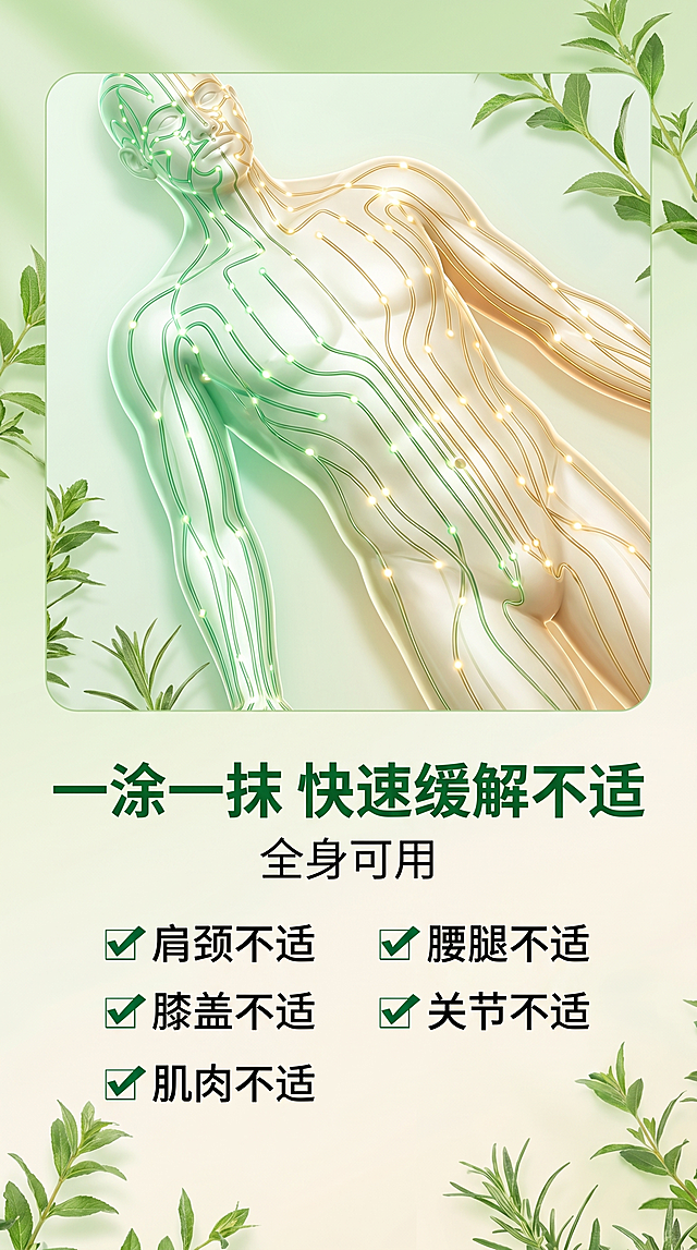 「图片1」用这个产品图做1张电商主图，尺寸9：16.参考：「图片1」文案：一涂一抹快速缓解不适（全身可用） ✔肩颈不适 ✔腰腿不适 ✔膝盖不适 ✔关节不适 ✔肌肉不适 (加一张暗示舒筋活络 的经络图片).不需要添加产品图。