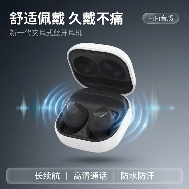 [主图1：首图] 夹耳式无线蓝牙耳机主图，科技简约风格，冷光黑银氛围，产品居中悬浮，伴随淡蓝色声波动态光效，背景为深灰到浅灰的高级渐变，铺满全屏无边框，主体占比60%，产品外观与原图完全一致，质感保留预览效果