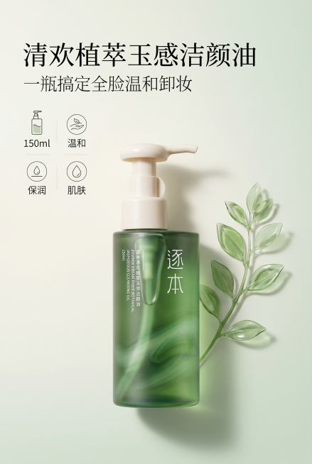 高级静物摄影风详情页产品展示，2:3竖屏构图，严格还原上传的逐本清欢植萃玉感洁颜油产品图，包括包装设计、颜色、LOGO 位置、文字内容、图案元素等所有细节，产品尺寸比例保持 1:1。主标题："清欢植萃预览效果