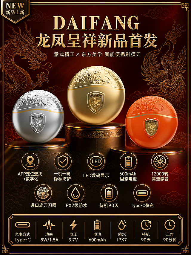 电商新品上新海报，意大利高端奢华风格融合中国龙凤呈祥文化元素，3:4竖版。画面中央主体为三款DAIFANG球形智能剃须刀（银色款、橙色款、金色款），三款产品呈阶梯式错落陈列，金色款居中略大为主视觉，银色与橙色分列两侧。产品100%还原上传商品图的外形、球形结构、顶部龙凤祥云浮雕纹理、中部金色饰条、盾牌形DAIFANG飞马logo、材质质感与颜色，正面朝向清晰，商品主体占画面约55%。背景为深邃的中国红渐变至暗金色，融入半透明的龙凤呈祥线描纹样与祥云图案，龙与凤在背景中交相呼应，金色线条勾勒，营造东方祥瑞氛围；同时叠加意大利奢华质感的光影与暗调金边，体现意式精工美学。顶部大标题区：主标题"DAIFANG 龙凤呈祥新品首发"，副标题"意式精工 × 东方美学 智能便携剃须刀"，左上角"NEW 新品上新"金色标签。画面下方与两侧分布卖点图标与短句，清晰呈现："APP定位查找+数字化"、"一机一码 隐私防护"、"LED数码显示"、"600mAh固态电池"、"12000转高速静音"、"进口旋刀刀网"、"IPX7级防水"、"待机90天"、"Type-C快充"。底部参数区以精致图标+数字形式呈现："充电方式 Type-C"、"功率 8W/1.5A"、"电压 3.7V"、"电池 600mAh"、"防水 IPX7"、"待机 90天"、"工作 90分钟"。整体配色：中国红、暗金、哑光黑为主，点缀产品本身的银、橙、金三色，高级奢华，光影柔和有层次，金属质感强烈，版式精美，信息层级分明，文字不遮挡产品主体。画面中所有数字必须精确渲染，不得错位、遗漏或编造；所有信息区域必须填充完整合理内容，无空白占位、无空白框、无空列表项。