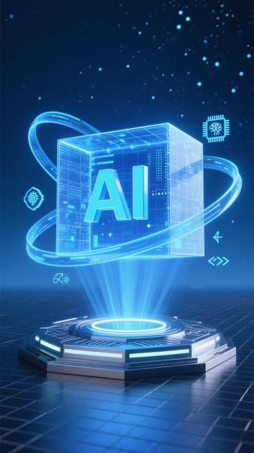 未来感十足的AI主题数字艺术海报，以深邃的靛蓝色与科技蓝为主色调，融合明亮的蓝白色霓虹光效，营造神秘而前沿的氛围。画面中央是由发光粒子和数字网格构成的半透明立方体，内部悬浮着立体的“AI”字样，字体采用锐利的无衬线设计并带有蓝色光晕。立方体周围环绕着流动的蓝色数据光带，连接着分散的科技图标（如芯片、神经网络节点、代码符号）。立方体下方是一个带有环形灯带和几何纹路的金属平台，平台表面反射着上方的……预览效果
