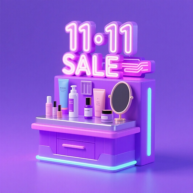 画面主视觉是一个微缩的化妆品柜台，远景，柜台上有一个灯牌“11·11 SALE”，水乳、精华、镜子等护肤品摆放在柜台上，可爱活泼的彩妆品牌氛围，紫色调+霓虹灯。