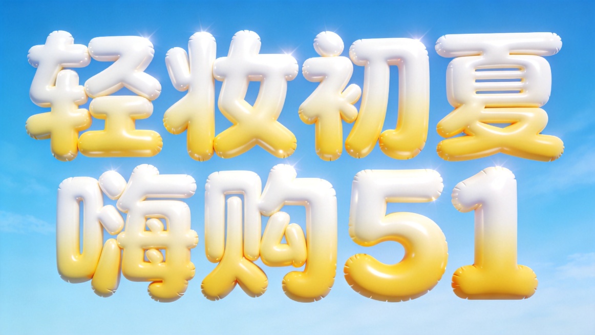 纯净天空蓝色背景，3D艺术字体设计，8个主体文字"轻妆初夏 嗨购51"，所有文字单行横向排列，强烈促销氛围立体艺术字，膨胀气球风格，夸张张力，卡通立体光泽，白黄渐变撞色，带有明亮高光效果，仅包含文字：预览效果