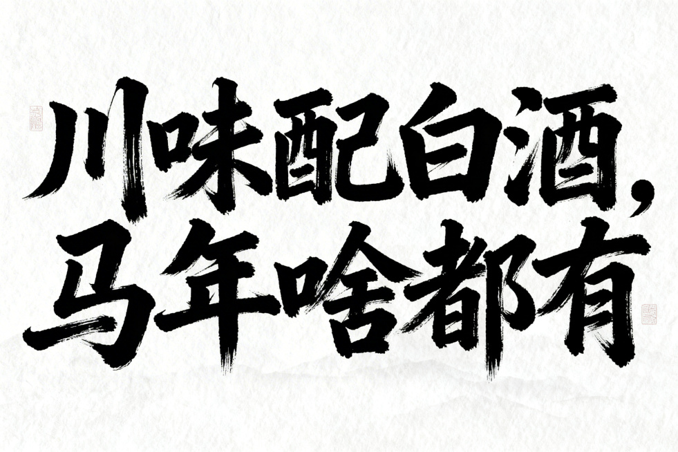 帮我生成一个标题：川味配白酒，马年啥都有  毛笔字体  黑白配色预览效果