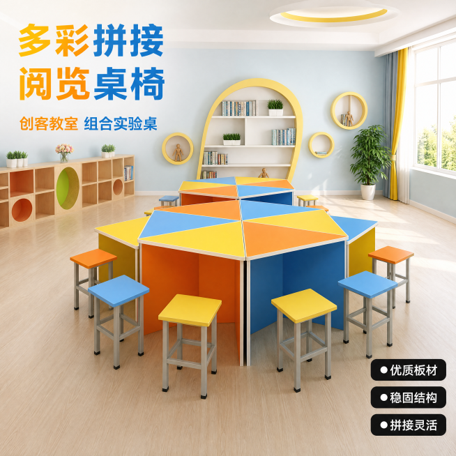 [主图-1] 阅览室六角拼接阅览桌整体场景首图。
[氛围风格] 现代简约校园教室风格，明亮整洁教学环境
[画质] 商业摄影质感、光线柔和通透、产品清晰真实、画面干净高级
[元素] 保持阅览桌产品外观颜预览效果