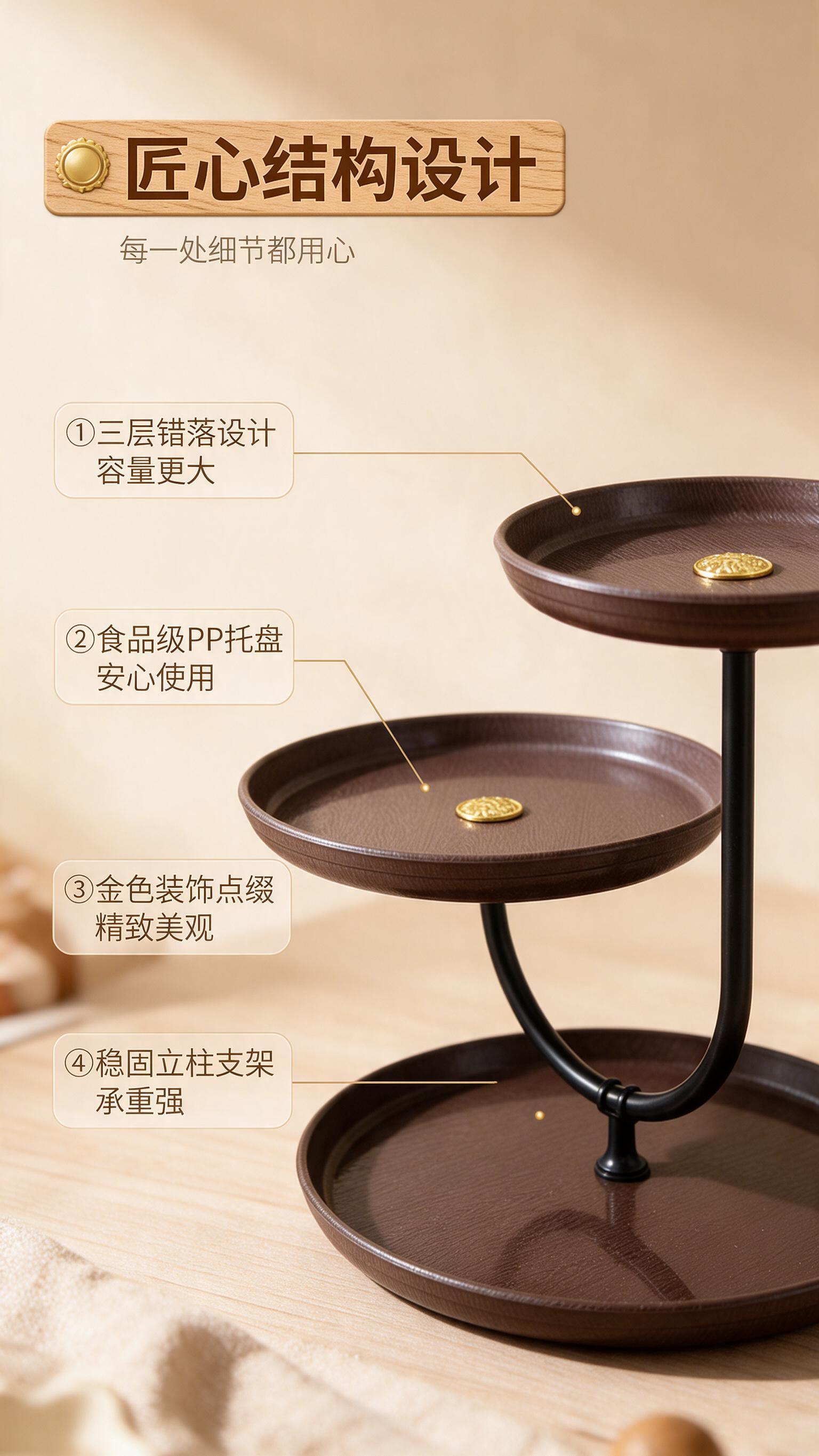 [商品] 使用【图1】家用三层仿木纹点心水果盘；保留三层圆形托… - 图片创意预览