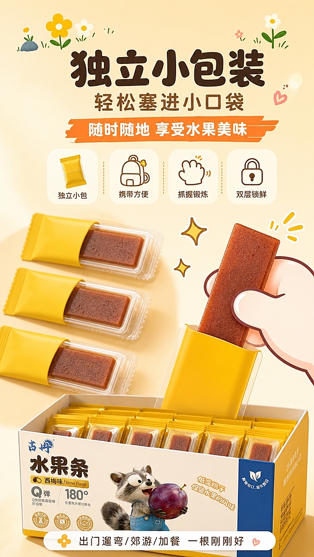[商品] 使用【图4】中独立小包装水果条的展示方式，保留黄色独立包装袋、透明托盒内的水果条、包装袋形态和水果条颜色质感；参考画面中卡通小手拿取水果条的动作。
[画面] 目标：包装与便携页，突出独立小包装、随身携带、双层锁鲜。构图：斜向排列+手拿动效型，画面左侧斜向排列3个独立小包装（由左上到右下），右侧是卡通小手正从包装袋中拿出水果条的动作。主体：左侧三个黄色独立包装袋斜向排列，每个袋内透明部分可见棕色水果条，包装袋有质感；右侧一只可爱卡通小手捏住一根水果条从袋中抽出，动态感强；包装袋旁边有闪亮星星装饰突出"方便拿取"。前景：底部有一个打开的外盒（参考【图7】包装盒风格），里面整齐摆放多根独立小包装水果条。中景：独立包装袋+手拿动作。后景：暖米黄色渐变背景，上方有可爱小花装饰，营造温馨氛围。阅读动线：从上到下，先看标题，再看左侧包装排列，最后看右侧拿取动作和底部外盒。
[视觉] 套系策略：风格=温馨治愈婴童食品商业摄影风，真实食材+可爱插画元素结合；标题字=圆润可爱粗圆体，略带手写感；正文字=简洁圆润无衬线体；主色=暖米黄+浅橙黄；背景延展=基于暖米黄做深浅渐变、同色系柔和光斑、细腻纸张质感；强调色=西梅紫+草莓红，仅用于小面积图标、引线、标签和装饰元素；标题色=深棕褐色；正文色=中暖褐色；组件=圆角浅底信息卡、虚线引线、可爱小花/星星装饰图标；光影=左前侧暖柔光，整体明亮柔和，包装袋有质感，水果条颜色真实。
[文字] 顶部居中主标题："独立小包装"（5字，圆润粗圆体，深棕褐色，字号大）；主标题下方副标题："轻松塞进小口袋"（7字，中号字，中暖褐色）；副标题下方橙色笔刷形标签："随时随地 享受水果美味"（10字，白色字）；画面中部4个小卖点横排：「独立小包」「携带方便」「抓握锻炼」「双层锁鲜」，每个配小图标；底部小字："出门遛弯/郊游/加餐 一根刚刚好"。所有文字横排，不遮挡包装袋主体和拿取动作。
[规格] 图片比例9:16竖版，4K分辨率，quality=medium。负向提示：避免变形、错字、文字过小、冷蓝/蓝灰背景、包装袋颜色改变、水果条形态失真、绝对化用语。