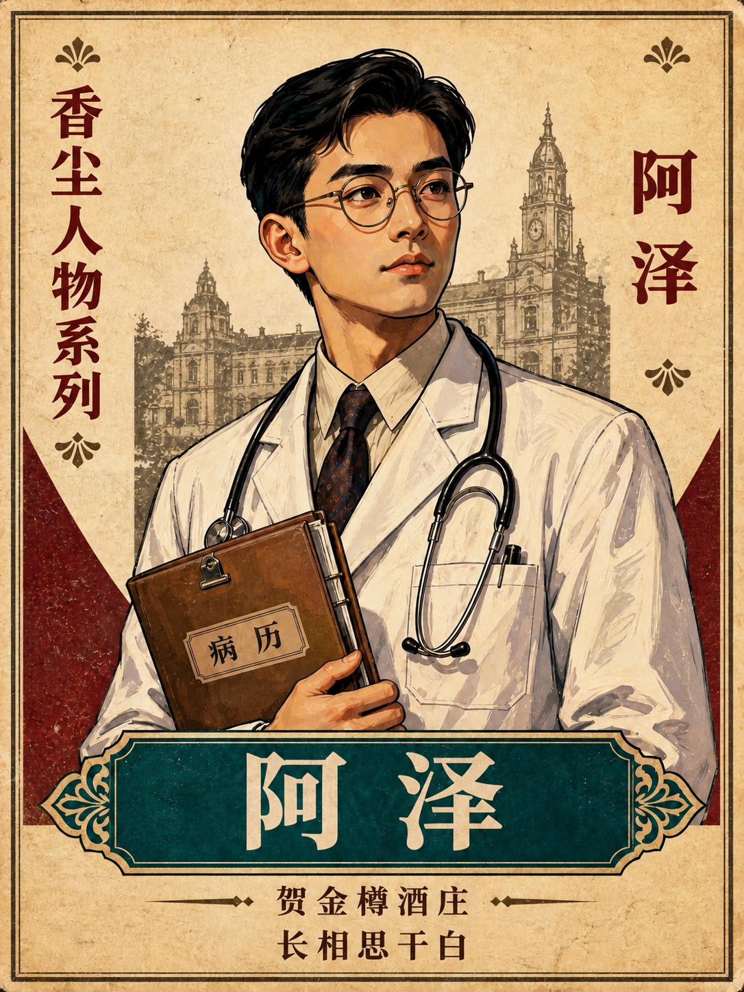 将这张酒标图中的文字"顾晏之"全部替换为"阿泽"，包括右侧竖排… - 图片创意预览