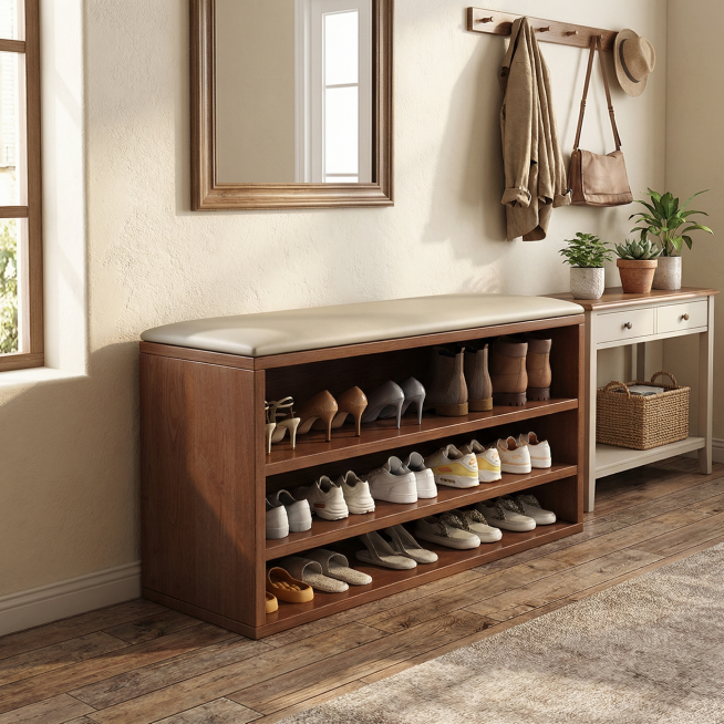 为实木三层鞋柜鞋凳添加真实自然的玄关客厅门厅场景背景，保留鞋柜和鞋子的细节，整体风格自然温馨，符合家居氛围预览效果