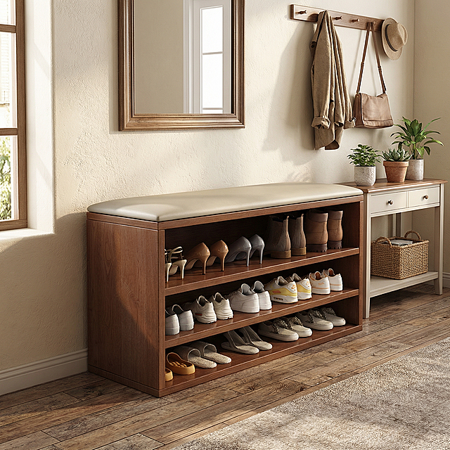 为实木三层鞋柜鞋凳添加真实自然的玄关客厅门厅场景背景，保留鞋柜和鞋子的细节，整体风格自然温馨，符合家居氛围