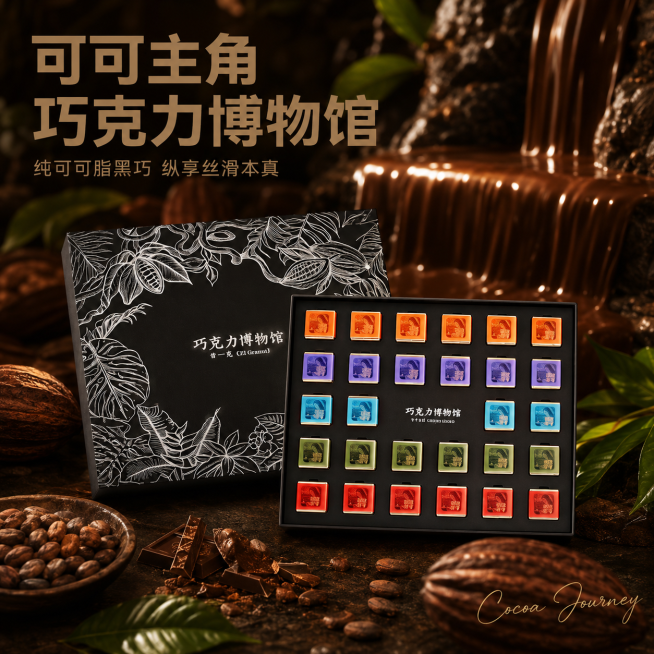 [主图-1] 可可主角巧克力博物馆礼盒首图
[氛围风格] 高奢高级感，浓郁巧克力美食氛围
[画质] 商业摄影质感、光线柔和通透、产品清晰真实、画面干净高级
[元素] 打开的巧克力礼盒居中展示，彩色小巧预览效果