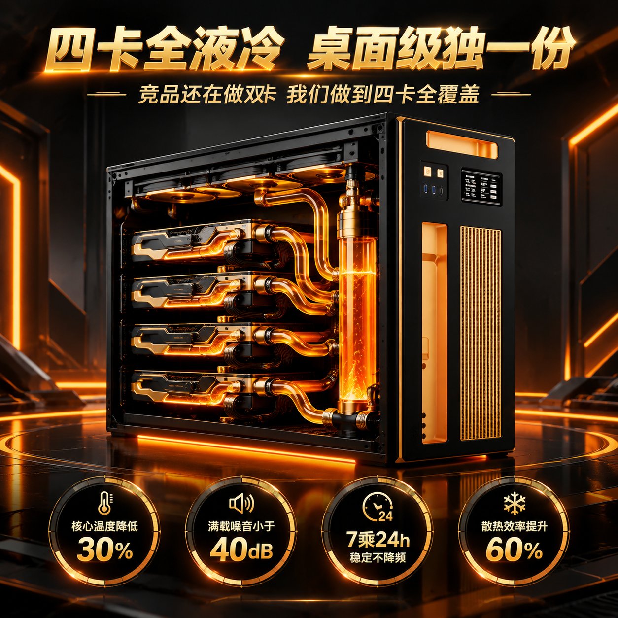8K超写实电商主图，1:1正方形，深炭灰深色背景，橙色液冷主题… - 图片创意预览