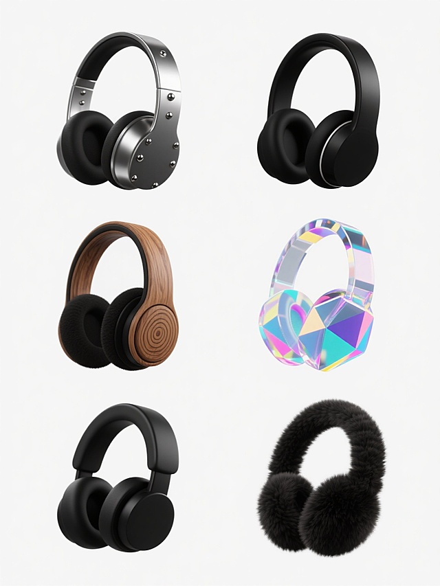 六个造型各异的耳机图标，分别采用金属光泽、磨砂质感、木纹纹理、透明水晶、霓虹发光、绒毛材质，每个耳机保持头戴式基本结构但设计细节不同，金属款有铆钉装饰，磨砂款线条圆润，木纹款有自然年轮纹路，水晶款棱角分明，霓虹款边缘有彩色光晕，绒毛款耳罩蓬松，所有耳机图标均为黑色剪影风格，规整排列在纯白色纯色背景上，保持简约现代的设计感，适合作为系列素材集合使用。