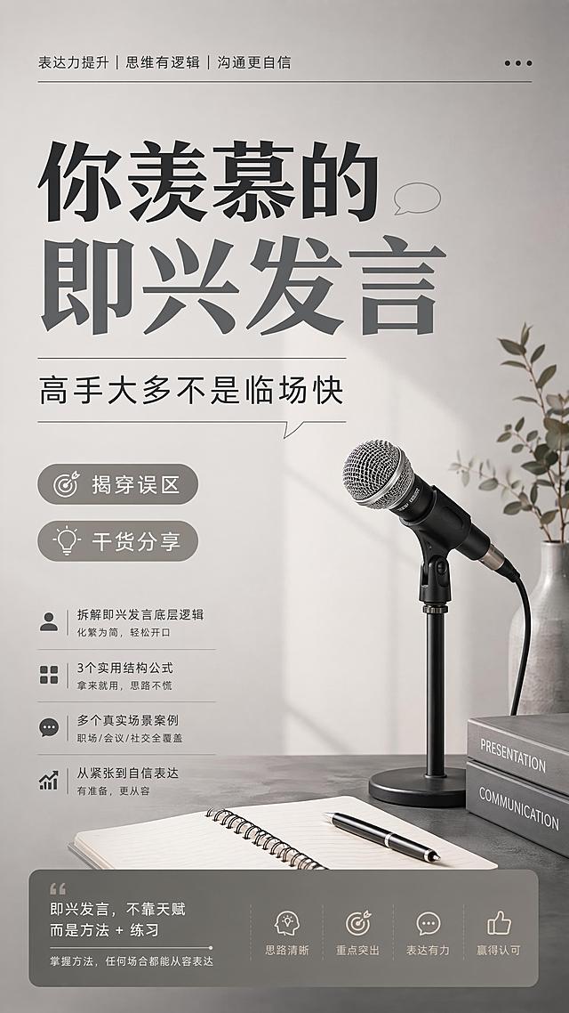 简约干货内容海报，整体风格专业简约，主色调莫兰迪高级灰，主标题“你羡慕的即兴发言”，副标题“高手大多不是临场快”，卖点标签“揭穿误区”“干货分享”，画面排版分区清晰，大标题突出，留白合适，版式精美，9:16，写实商业风，文字清晰可读