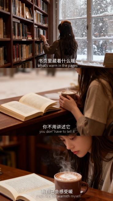 三宫格艺术感写真图，横向三宫格，场景为冬日暖调书店，色调呈深棕与米白渐变，窗外飘雪，书架摆满书，桌上有热可可。画面主体为穿浅咖色毛衣的女生，突出冬日静谧感。
近景：女生背影站书架前，抽书，窗外雪飘落，预览效果