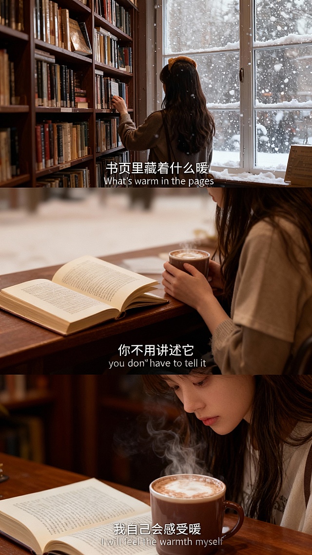 文艺复古风，雪景窗边书屋，暖咖色调，杂志质感印刷，营造温馨舒适阅读氛围，冬日静谧治愈感。