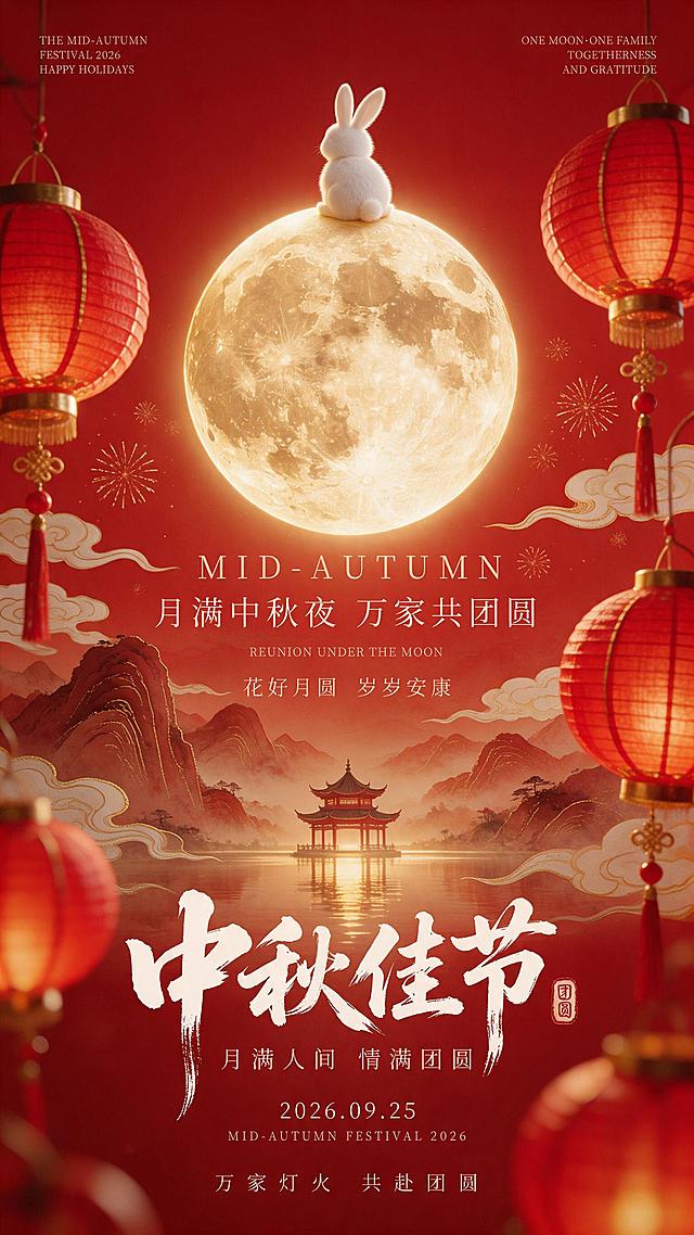 竖版9:16新中式红金节日海报，Octane渲染，写实融合国风肌理，商业级精修；正红色底色，搭配暖金、月白、朱红点缀，喜庆雅致不艳俗。

构图布局：垂直居中对称构图，前景左右错落的红灯笼形成虚化框景，中景巨型满月与玉兔为视觉核心，远景山水古亭烘托意境，上下分区排布文字，层次清晰舒展。

核心元素：满月：正圆巨型满月居中，月面月坑纹理清晰自然，通体散发暖金色柔光，边缘光晕自然晕染；月顶端坐一只软萌白色玉兔，背身望月，毛绒质感细腻。灯笼：画面左右错落悬挂多盏中式红灯笼，布艺纹理自然，配金色铜箍灯座，下方垂中国结与红色流苏；前景灯笼虚化形成前景框，中景灯笼清晰，前后层次丰富。背景：月下是层叠赭红色水墨山水，湖心立一座中式古亭，水面平静倒映月光与亭影；画面点缀飘逸祥云、金色放射烟花纹样，左右对称分布。

文字排版（清晰印刷/书法字体，无乱码无错字无变形，与背景高对比度）：顶部：左上角三行小字英文，右上角三行小字节日英文，白色细衬线，左右对齐。中部：大号米白色衬线字「MID-AUTUMN」，下方依次为中文主标「月满中秋夜 万家共团圆」、小字英文、「花好月圆 岁岁安康」，全部居中。底部：大号白色书法字「中秋佳节」，右侧配「团圆」朱文印章；下方依次排布副标题、日期「2026.09.25」、英文落款、「万家灯火 共赴团圆」，居中对齐，层级清晰。

光影质感：满月为核心光源，暖金色光晕自然晕染红底；灯笼自带暖光，水面倒影柔和虚化；整体柔光漫射，红金过渡自然，喜庆温暖的中秋氛围。

无文字乱码、无错字、无人物、无玉兔畸形、无灯笼变形、无水印、非低画质、非塑料感、画面不杂乱、无过曝、无暗部死黑。