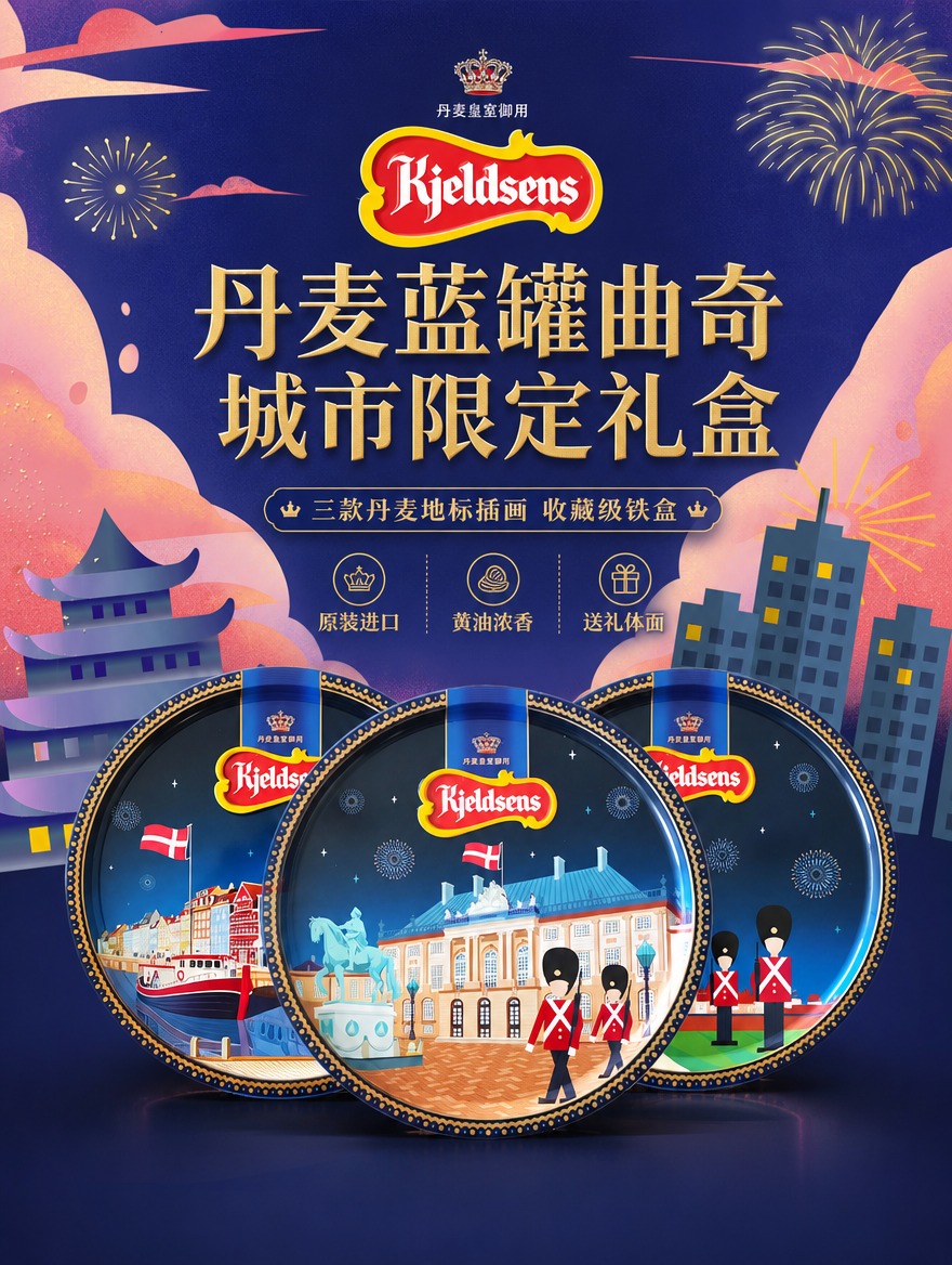 丹麦蓝罐曲奇城市限定礼盒详情页头图海报，3款圆形铁盒呈扇形排列… - 图片创意预览