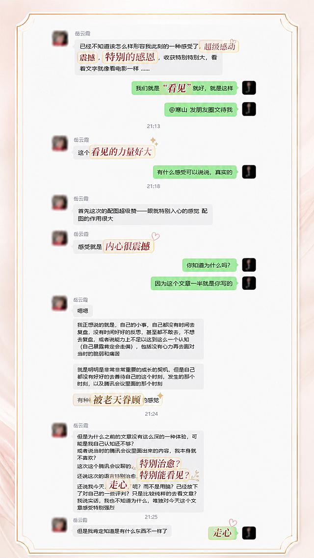 在图片上对好评聊天中的重点关键词进行高亮突出标识，将核心关键词放大显示，保持整体排版整洁，风格简约优雅符合中年女性审美，保留原有隐私打码和边框