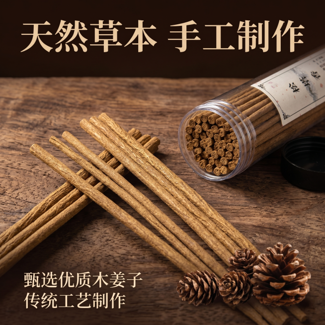 [主图-3] 木姜子线香材质细节展示；[氛围风格] 中式自然质感风格；[画质] 商业摄影微距质感，细节清晰锐利；[元素] 特写展示木姜子线香的香身纹理，抽出几根线香平铺，展示天然草本材质的纹理和色泽，预览效果