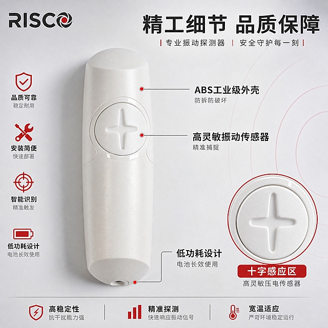 [主图-3] 产品结构与细节特写图，展示振动探测器外壳工艺与感应区域细节。
[统一基调] 报警行业专业配色，主背景为浅灰到白色的柔和渐变棚拍背景，点缀少量警示红；标题字为深灰近黑色，辅助文字为中灰色，强调色为警示红；字体为无衬线粗体，标题字号最大，辅助文字缩小50%以上；排版克制高级，满版无大面积留白。
[画面] 产品主体位于画面中央偏左，占画面约50%，正面特写视角，重点展示正面十字感应按钮区域的细节质感，白色外壳表面细腻纹理清晰可见，产品外观与原图完全一致。右侧和下方分布细节标注引线。左上角放置RISCO品牌LOGO。右下角有一个圆形放大画中画，放大展示十字感应区的精密结构。
[光影质感] 柔和棚拍光，产品表面有细腻光泽，十字感应区有明显高光，底部自然柔和阴影，背景浅灰渐变干净。
[配色] 背景：浅灰白渐变；标题：深灰近黑；标注引线：中灰；强调点：警示红；产品保持原白色。
[文字版式] 左上角RISCO LOGO。顶部大标题"精工细节 品质保障"。从产品不同部位引出三条标注线指向右侧和下方：第一条从外壳引出"ABS工业级外壳 防拆防破坏"；第二条从十字感应区引出"高灵敏振动传感器 精准捕捉"；第三条从底部引出"低功耗设计 电池长效使用"。右下角圆形放大框内标注"十字感应区 高灵敏压电传感器"。画面空白区域用"品质可靠 安装简便 智能识别"等优势短句填充，不留空白。
[输出要求] 1:1正方形比例，2048*2048，产品清晰不变形，文字清晰无错字，排版克制高级，画面饱满无空白，禁止深色单一背景、禁止太彩色、禁止水印、禁止平台LOGO、禁止产品外观扭曲改变。