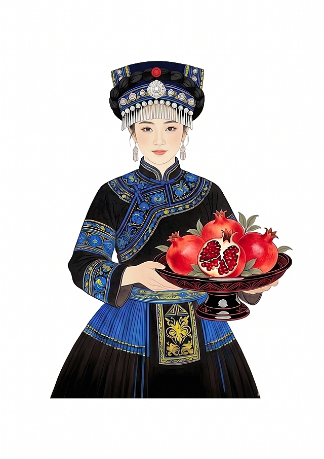 将图中衣服上的红色花纹更换为蓝色和黄色，保持少数民族服饰风格，让衣服整体颜色更加鲜艳，保留人物和石榴托盘的内容不变