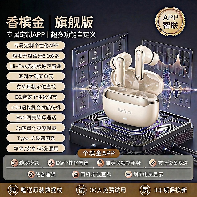 保持原图所有内容、文案、构图和产品造型不变，将图片输出尺寸调整为2000x2000像素，保留未来科技风背景和香槟金耳机产品质感。负向提示词：塑料感、低模、噪点、平面化、Logo变形、比例失调、文字错误
