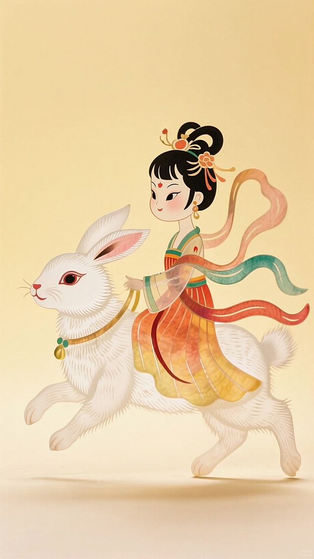 白色的毛绒绒的兔子，驮着一个嫦娥装扮的迷你的Q版小女孩（坐在上面），干净的浅黄色背景