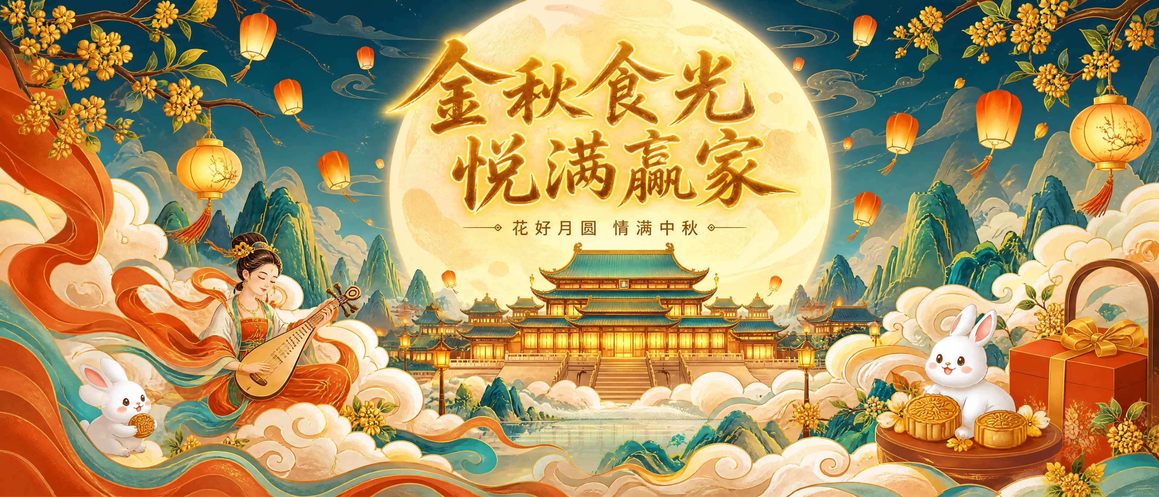 国潮中秋插画风格超宽舞台大屏背景，20:7宽幅横向构图，画面比… - 图片创意预览