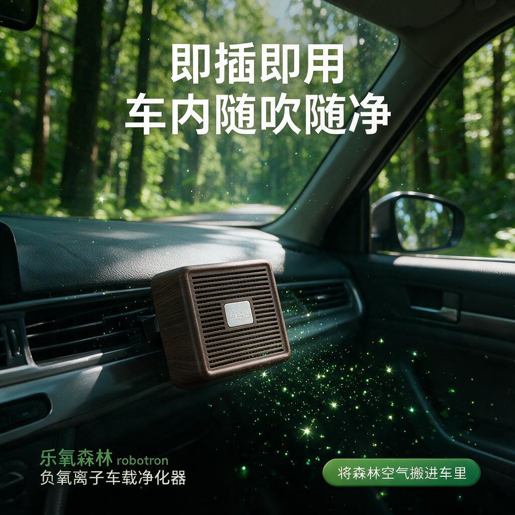 天猫电商场景图，参考图中的深木纹方形车载净化器，正面带银色金属… - 图片创意预览