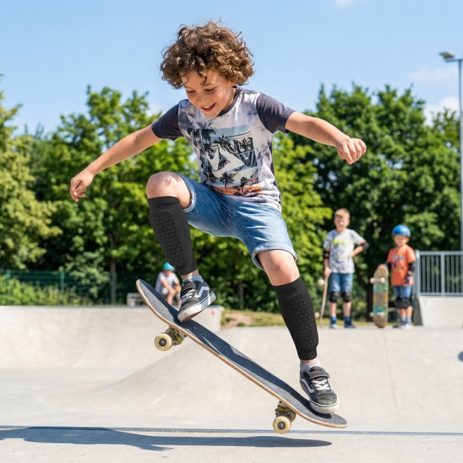 生成一张一个玩滑板的外国小孩穿着图片里的护胫在户外滑滑板预览效果