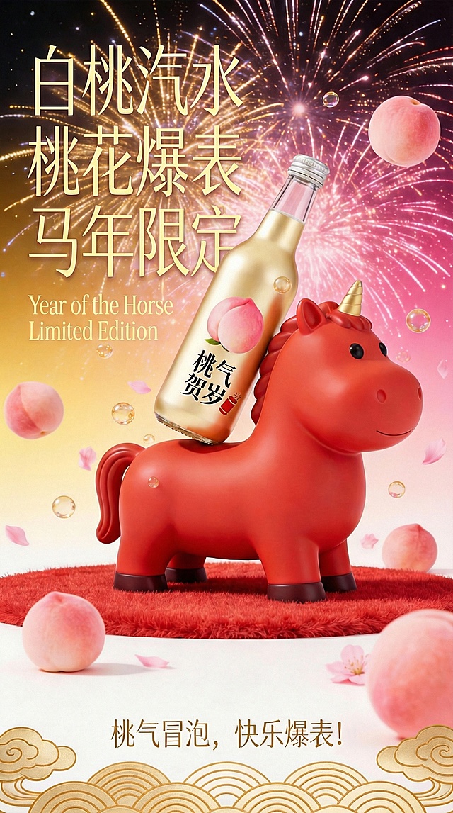 软3D风结合国潮元素，红色卡通马承载金色汽水瓶，烟花与桃子环绕，鎏金粒子点缀，喜庆梦幻，传递马年限定的可爱与节日氛围。