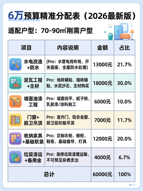 6万硬装预算分配表主题海报，干货实用风格，白色干净背景。主标题："6万预算精准分配表（2026最新版）"，清晰展示预算分配表格：水电改造+防水13000元占21.7%，泥瓦工程+主材18000元占30预览效果