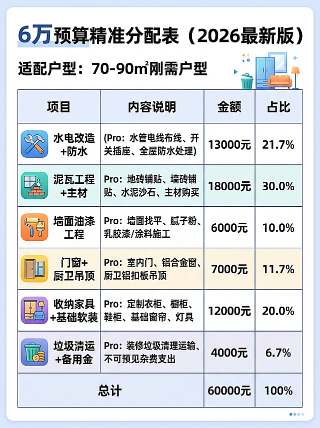 6万硬装预算分配表主题海报，干货实用风格，白色干净背景。主标题："6万预算精准分配表（2026最新版）"，清晰展示预算分配表格：水电改造+防水13000元占21.7%，泥瓦工程+主材18000元占30.0%，墙面油漆工程6000元占10.0%，门窗+厨卫吊顶7000元占11.7%，收纳家具+基础软装12000元占20.0%，垃圾清运+备用金4000元占6.7%，标注适配户型为70-90㎡刚需户型，表格清晰易读