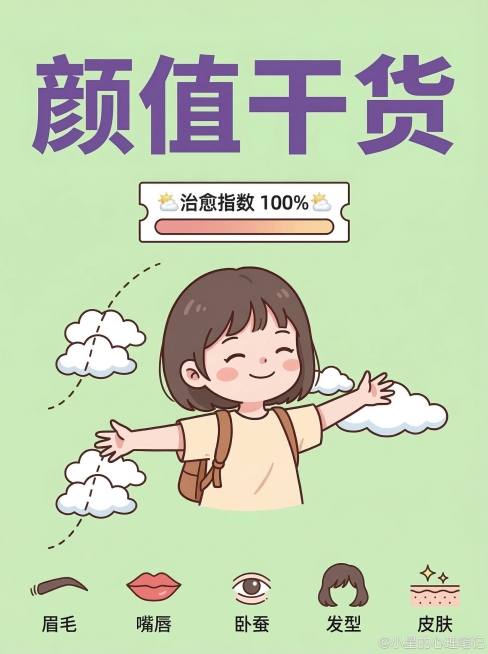 小红书封面，浅绿色纯色背景，简洁扁平设计，卡通矢量插画，大标题“颜值干货”居中，底部眉毛、嘴唇、卧蚕、发型、皮肤图标，温馨简约，画面右下角添加水印“@小星的心理笔记”，参考上传图片的卡通风格预览效果